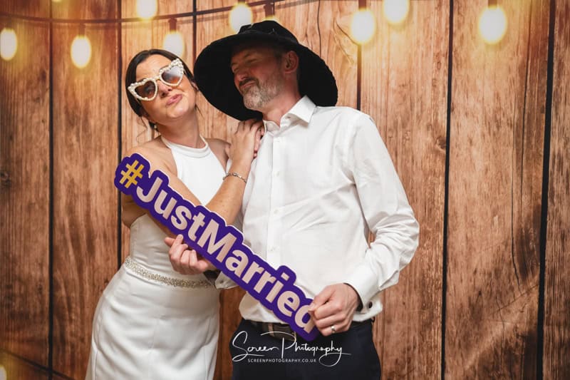 nottingham photo booth #justmarried bride groom with wooden back ground